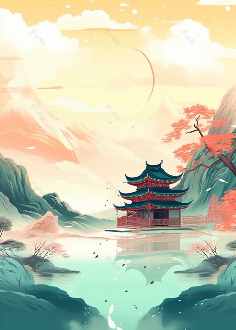 黄色唯美背景山水建筑插画,插画/手绘图,插画/手绘图库,插画/手绘图下载,插画/手绘